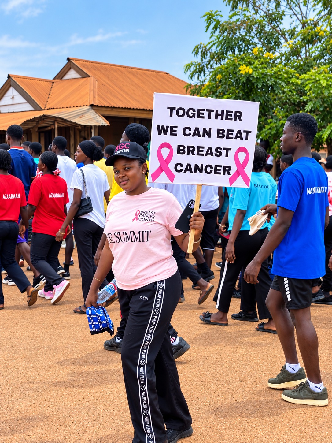 A volunteer in a pink summit T-shirt smiles while holding a placard reading Together we can beat breast cancer