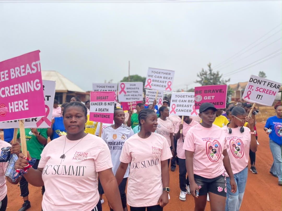 Marchers in pink T-shirts carry breast cancer awareness placards along a red-earth road