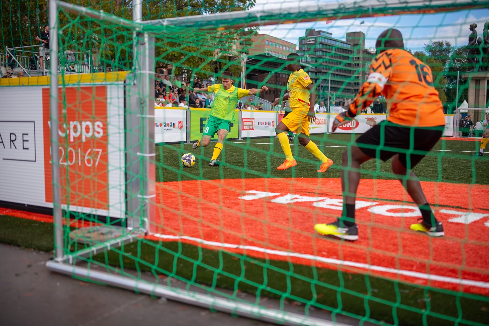 Action shot of a Homeless World Cup football match